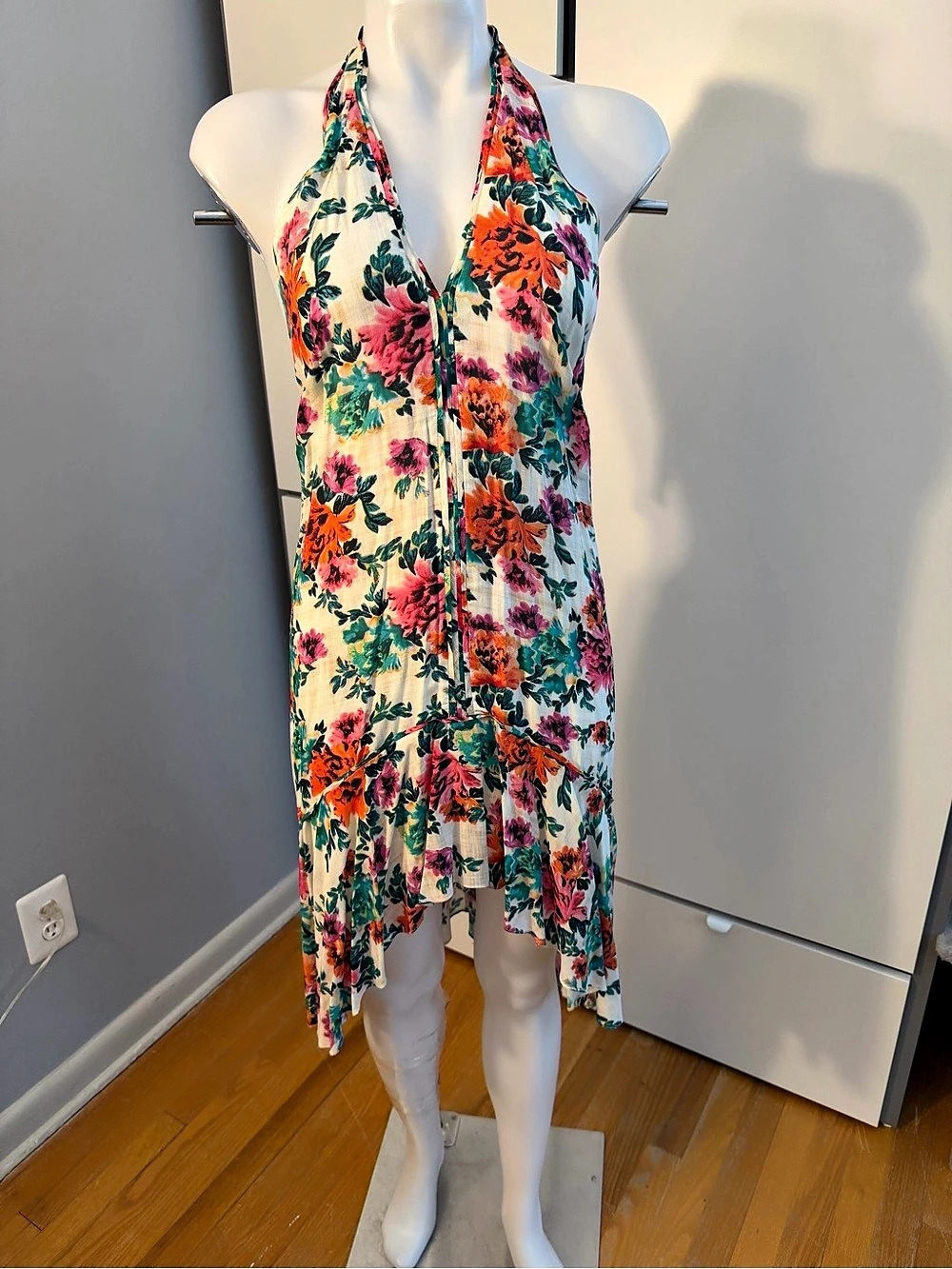 VIX Paula Hermanny Floral Halter High-Low Dress in White & Pink Like New